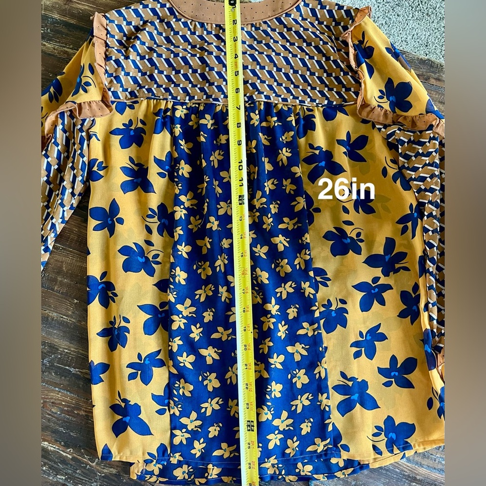 CAbi Harmony: Gold and Navy Mixed-Print Ruffle Blouse NWOT Sz S - Picture 7 of 9